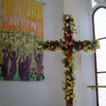 The cross and banner on Easter morning