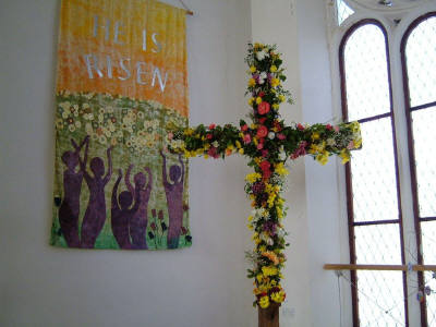 The cross and banner on Easter morning